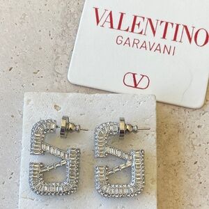Valentino Garavani Crystal VLogo Drop Earrings Silver Rhinestone Statement Earri